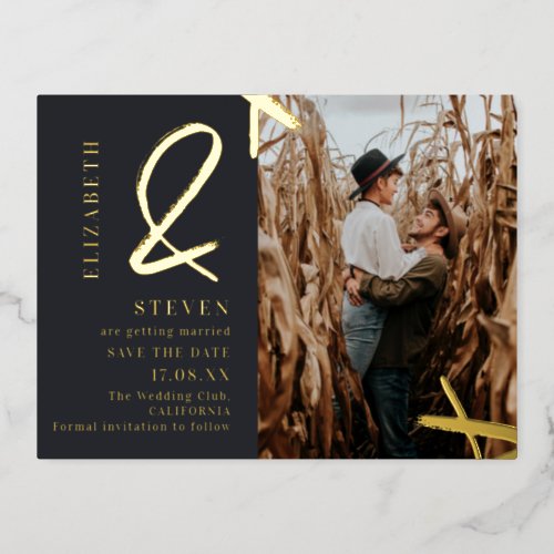 Modern gold ampersand photo wedding save the date foil invitation postcard