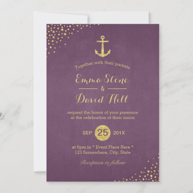 Modern Gold Anchor Nautical Wedding Purple Invitation (Front)
