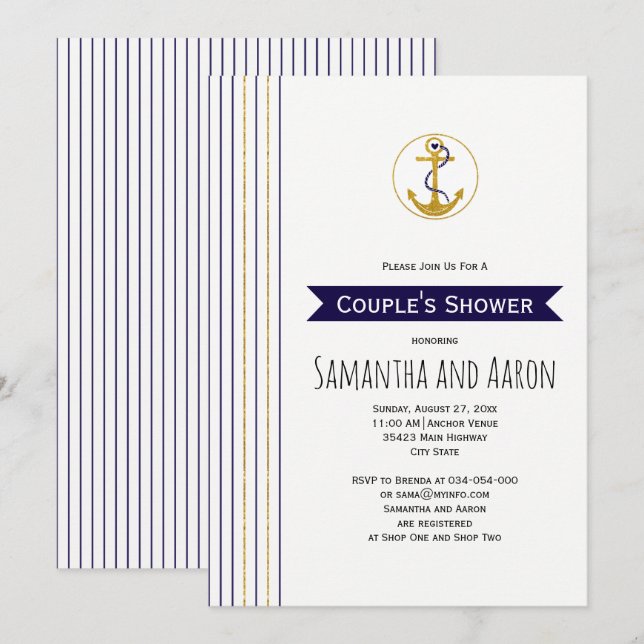 Modern gold anchor stripes nautical wedding shower invitation (Front/Back)