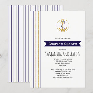 Modern gold anchor stripes nautical wedding shower invitation