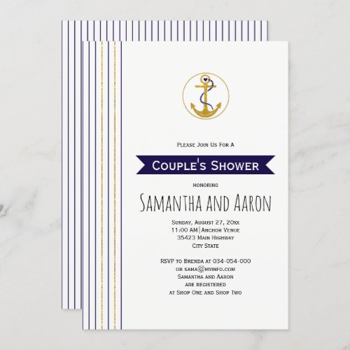 Modern gold anchor stripes nautical wedding shower invitation