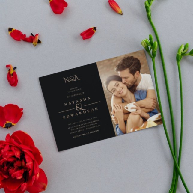Modern Gold and Black Abstract Photo Wedding Invitation (Creator Uploaded)