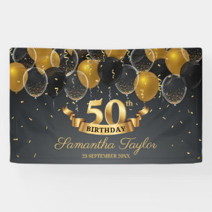 Modern gold and black baloons 50th birthday party banner