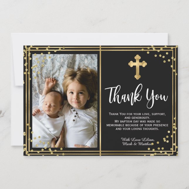 Modern Gold and Black Baptism Thank You Cards (Front)