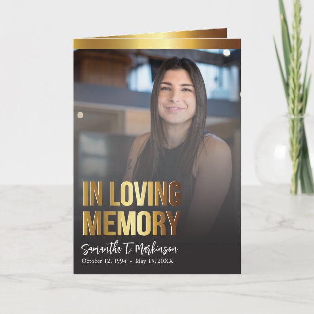 Modern Gold and Black Bold Photo Funeral Program (Front)