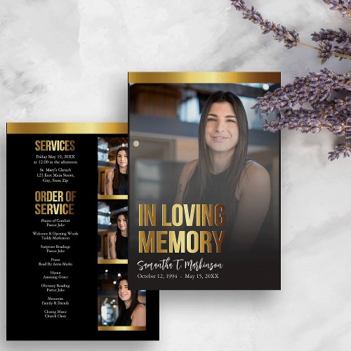 Modern Gold and Black Bold Photo Funeral Program