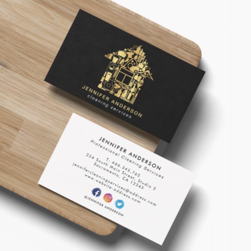 Modern Gold And Black Cleaning Services Business Card