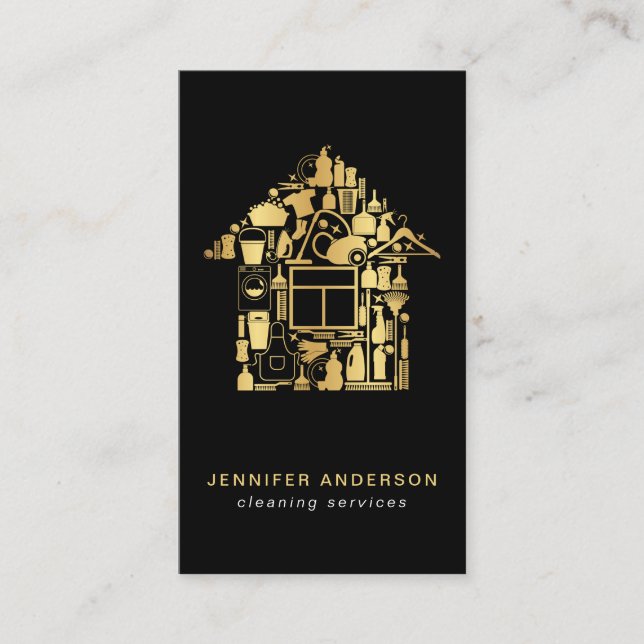 Modern Gold And Black Cleaning Services Business Card (Front)