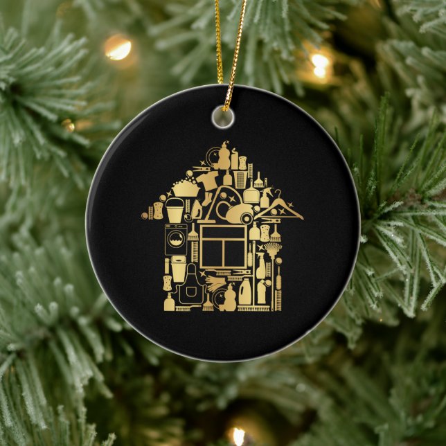 Modern Gold And Black Cleaning Services Ceramic Ornament (Tree)