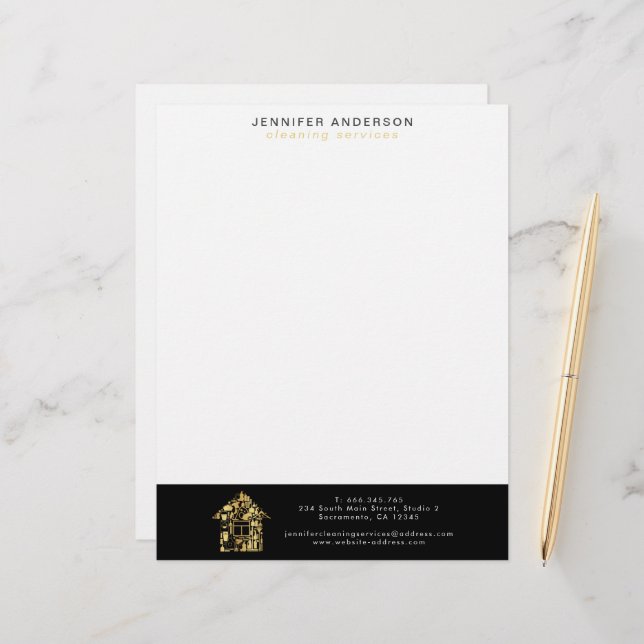 Modern Gold And Black Cleaning Services  Letterhead (Front/Back In Situ)