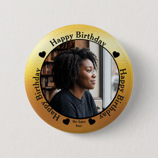 Modern Gold and Black Happy Birthday Photo Button