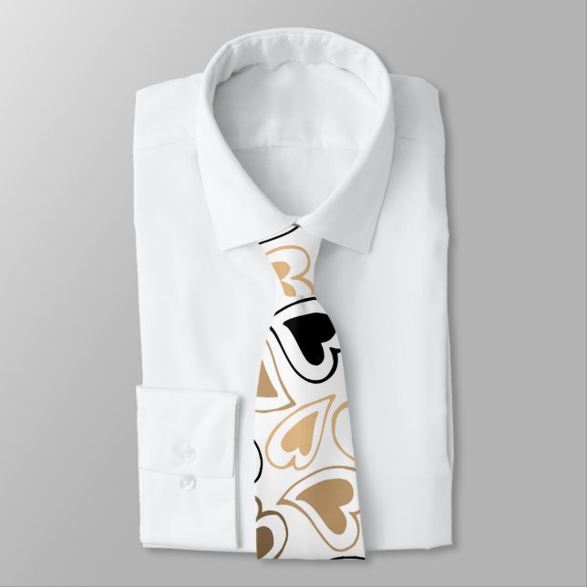 Modern Gold and Black Hearts Pattern Neck Tie (Tied)