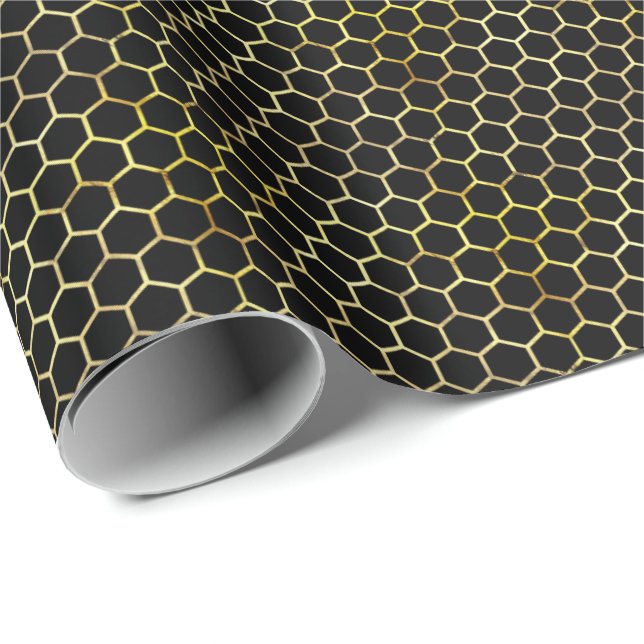Modern Gold and Black Honeycomb Patterned Wrapping Paper (Roll Corner)