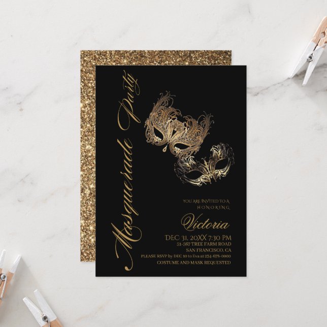 Modern Gold and Black Masquerade Party Birthday Invitation (Front/Back In Situ)