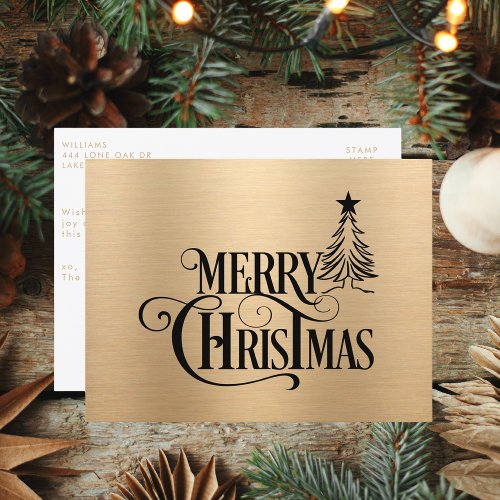 Modern Gold and Black Merry Christmas Script Holiday Postcard