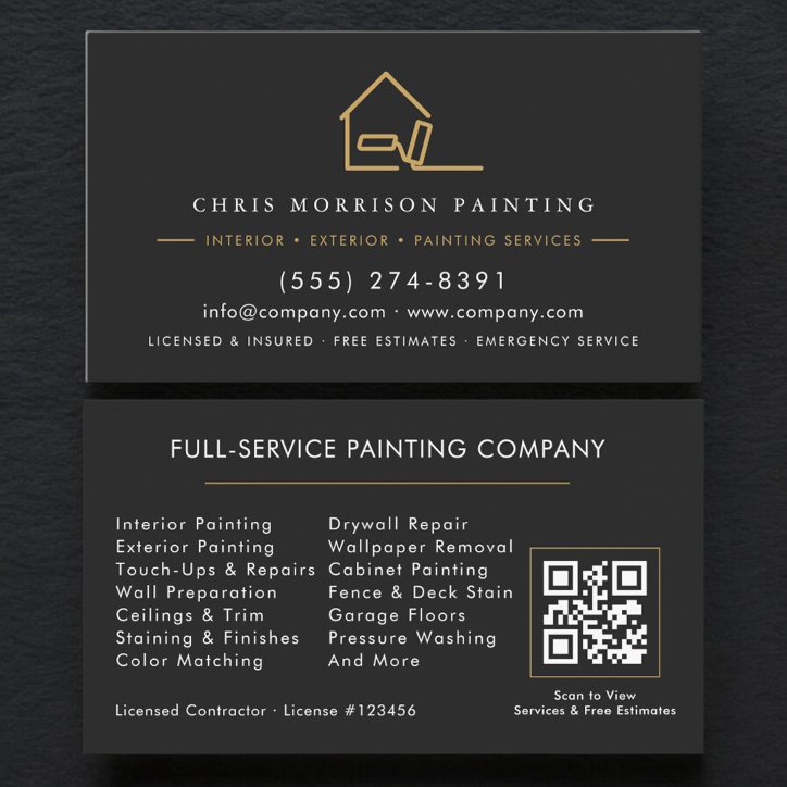 Modern Gold And Black Painting Service QR Code Business Card