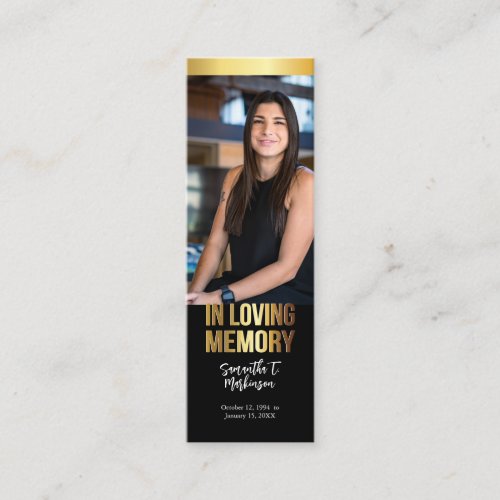 Modern Gold and Black Photo Funeral Bookmark Mini Business Card