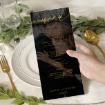 Modern gold and black photo wedding menu<br><div class="desc">Simple minimalistic moody black and faux gold trendy romantic calligraphy script custom wedding menu card template with custom photo dark overlay.          Easy to personalize with your text and 2 pictures.</div>