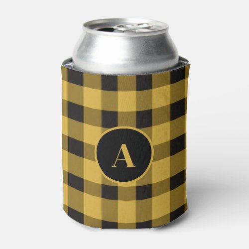 Modern Gold and Black Plaid Pattern Can Cooler