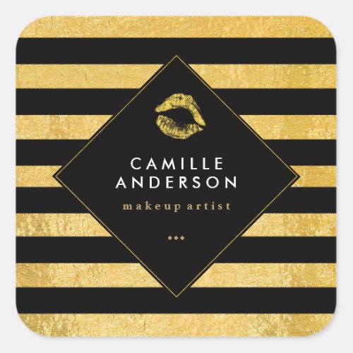 Modern Gold and Black Stripes with Faux Gold Lips Square Sticker