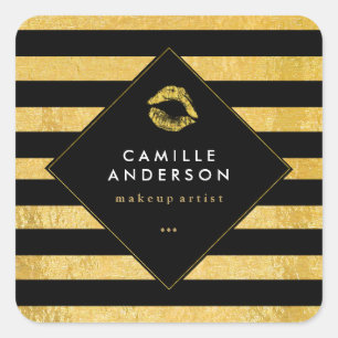 Modern Gold and Black Stripes with Faux Gold Lips Square Sticker