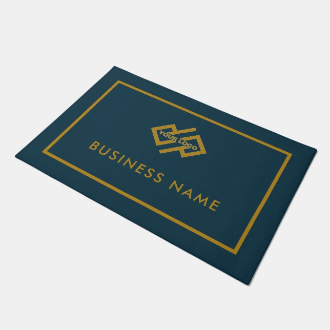 Modern Gold And Bleu Company Business Logo Doormat (Angled)