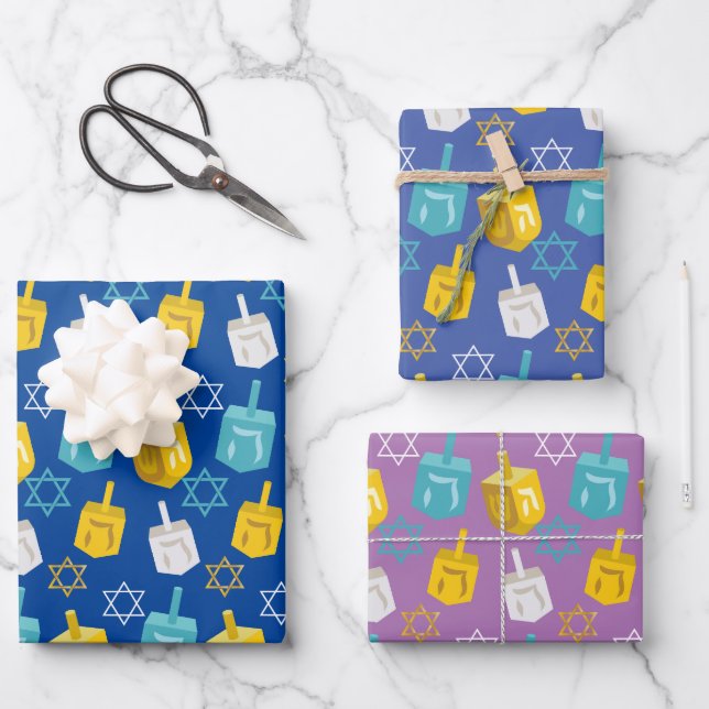 Modern Gold And Blue Hanukkah Dreidels Stars Wrapping Paper Sheets (Front)