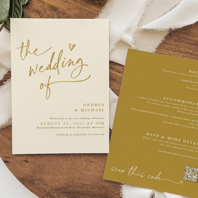 Modern Gold and Cream Handwriting Heart Wedding Invitation (Creator Uploaded)