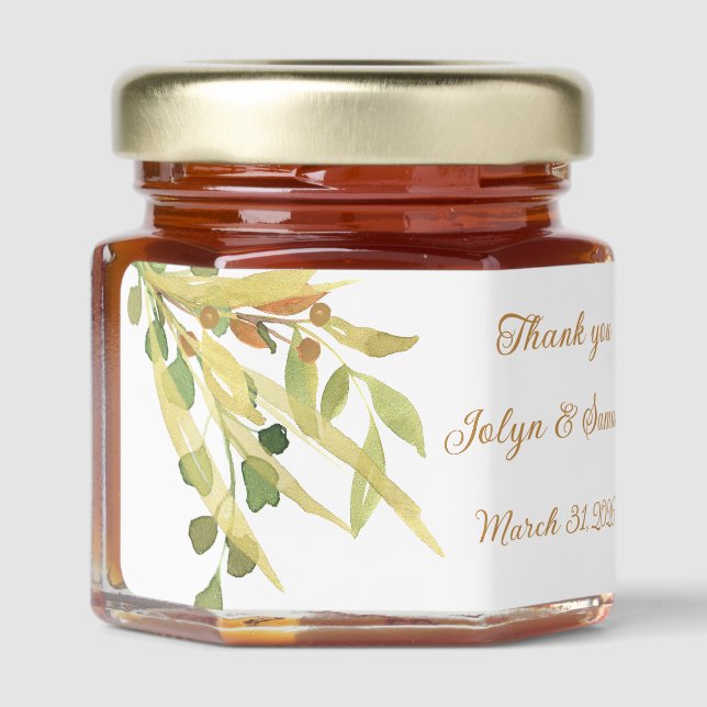 Modern Gold and Green Foliage  Honey Jar Favors (Left)
