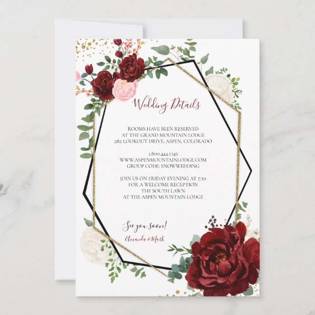 Modern Gold and Merlot Geometric Wedding Insert Invitation (Front)