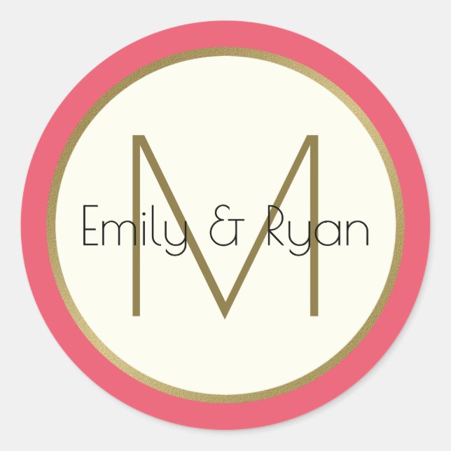 Modern Gold and Pink Monogram Classic Round Sticker (Front)