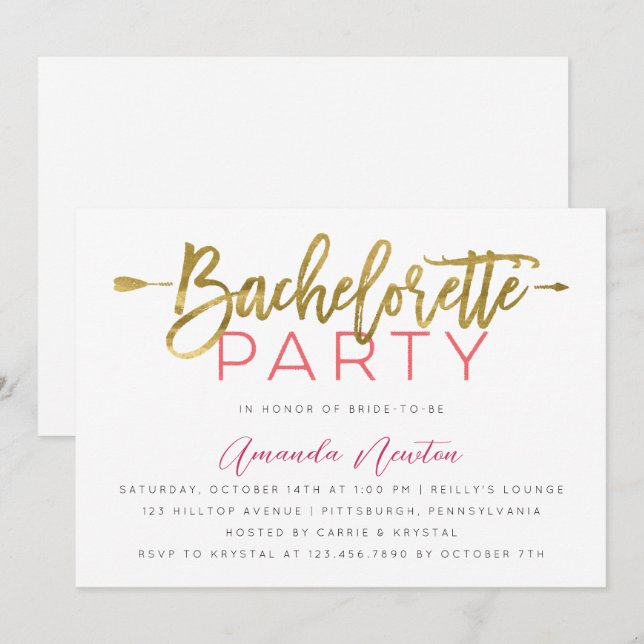 Modern Gold and Pink Typography Bachelorette Party Invitation (Front/Back)