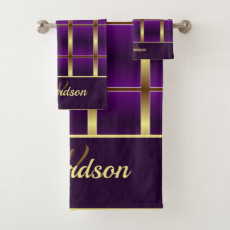 Modern Gold And Purple Checkered Monogrammed Bath Towel Set