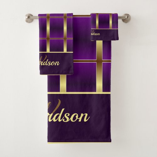Modern Gold And Purple Checkered Monogrammed Bath Towel Set