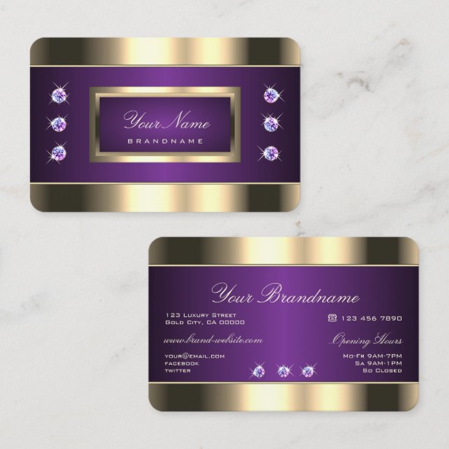 Modern Gold and Purple Luminous Faux Rhinestones Business Card (Front/Back)