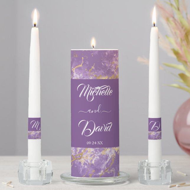 Modern Gold And Purple Marble Wedding Unity Candle (In Situ)