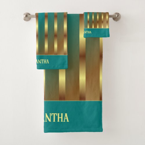 Modern Gold And Teal Blue Gradient Stripes Bath Towel Set