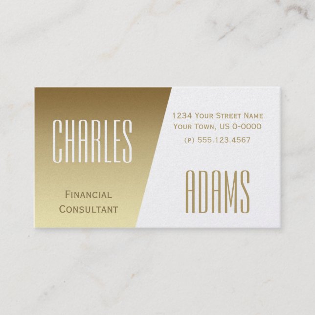 Modern Gold and White Divided Design Business Card (Front)