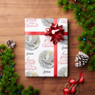 Modern Gold and White Dove Christmas Name Wrapping Paper