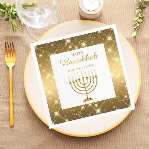 Modern Gold and White Menorah Jewish Hanukkah Napkins
