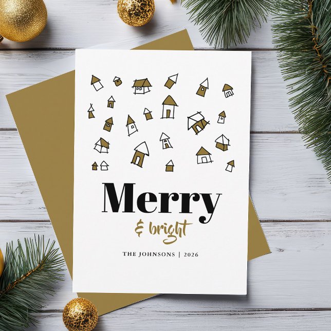 Modern Gold and White Merry and Bright Christmas Holiday Card (Creator Uploaded)