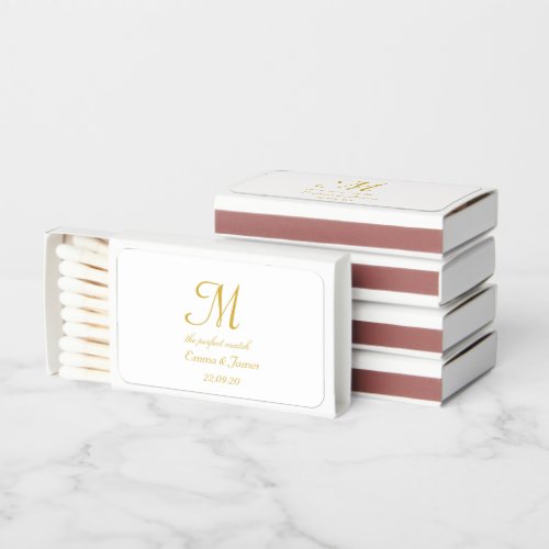 Modern Gold and White Monogram Initial Wedding  Matchboxes