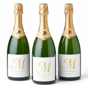 Modern Gold and White Monogram Wedding Party  Sparkling Wine Label