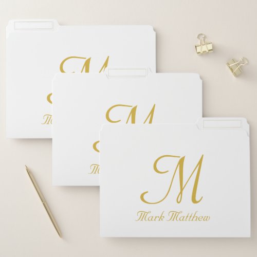 Modern Gold and White Script Black Monogram Name   File Folder