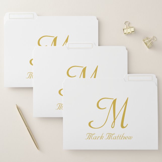 Modern Gold and White Script Black Monogram Name   File Folder (Set)