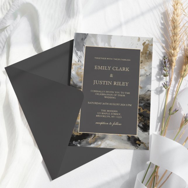 Modern Gold Anthracite Artistic Watercolor Wedding Invitation (Creator Uploaded)