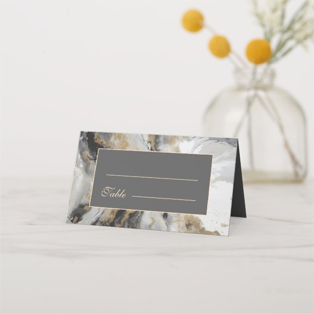 Modern Gold Anthracite Artistic Watercolor Wedding Place Card (Front)