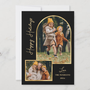Modern Gold Arch 3 Photo Black Happy Holiday Card