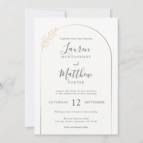 Modern Gold Arch Border with Floral Detail Wedding Invitation