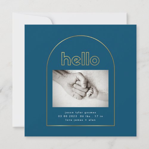 modern gold arch foil hello baby boy birth announcement